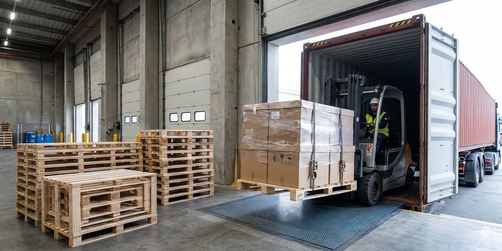 Busy outgoing goods at a loading gate, where a forklift is loading export-ready, ISPM 15-treated disposable wooden pallets into a sea container.